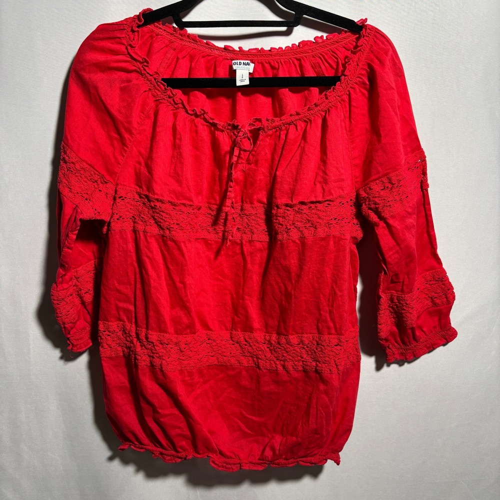 Old Navy‎ Red Peasant Blouse Top Lace Trim Details 3/4 Sleeve Womens L